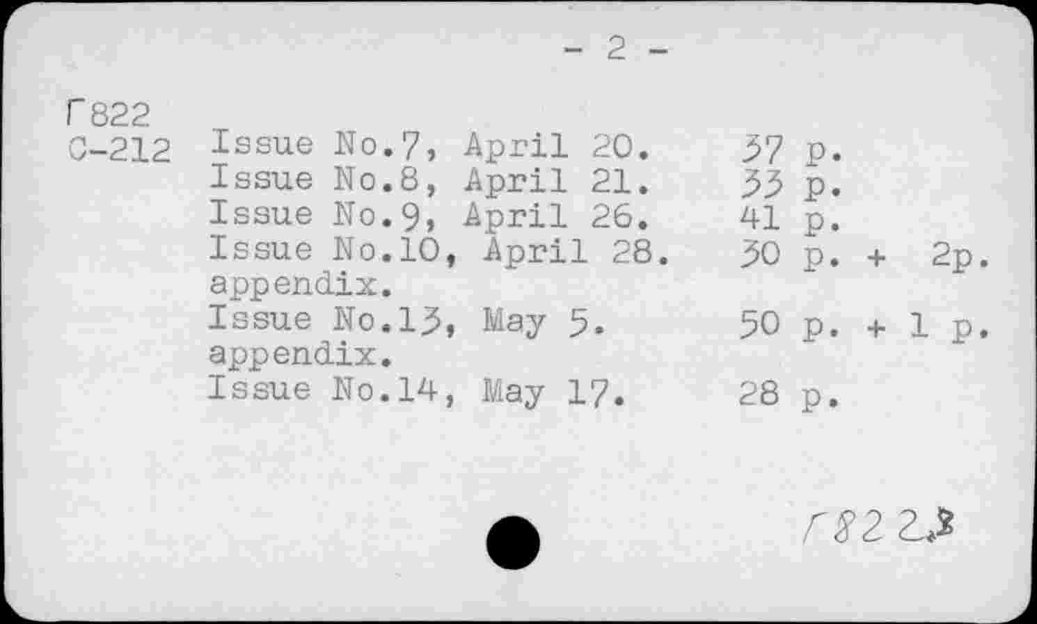 ﻿r 822 0-212
Issue No.7, April 20.
Issue N0.8, April 21.
Issue N0.9, April 26.
Issue No.10, April 28.
appendix.
Issue No.15, May 5.
appendix.
Issue No.14, May 17.
33 p.
41 p.
30 p. +	2p.
50 p. + 1 p.
28 p.
m a.*